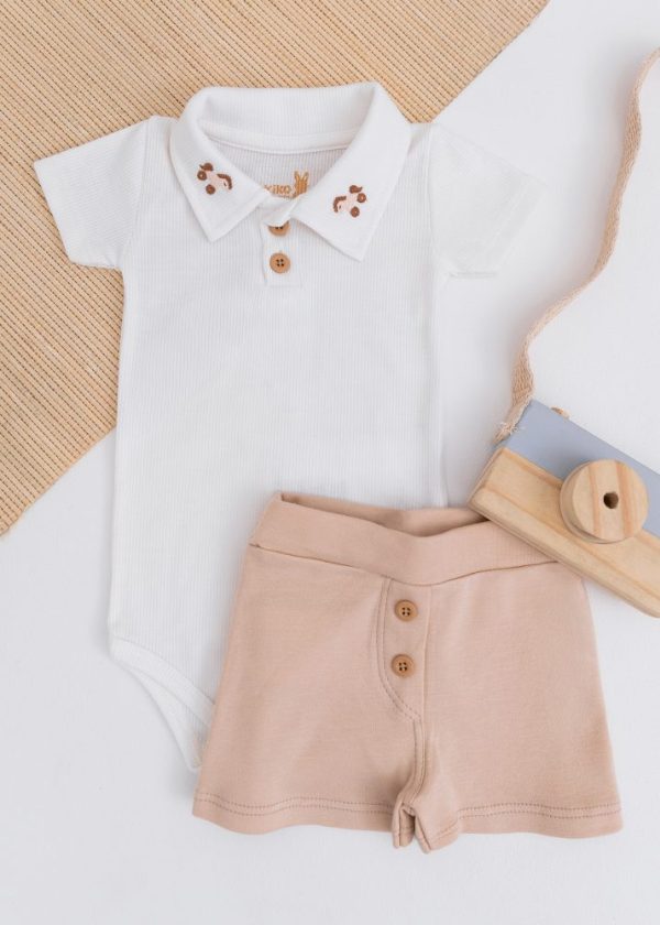 Conjunto Bebê Kiko Com Body Polo Bordado e Short Bege
