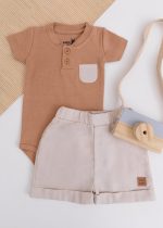 Conjunto Bebê Kiko Body Caramelo com Bolso e Short Bege