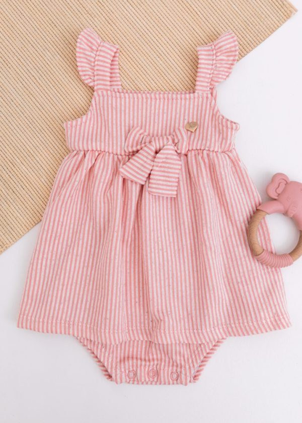 Romper Vestido Listrado Rosa com Laço
