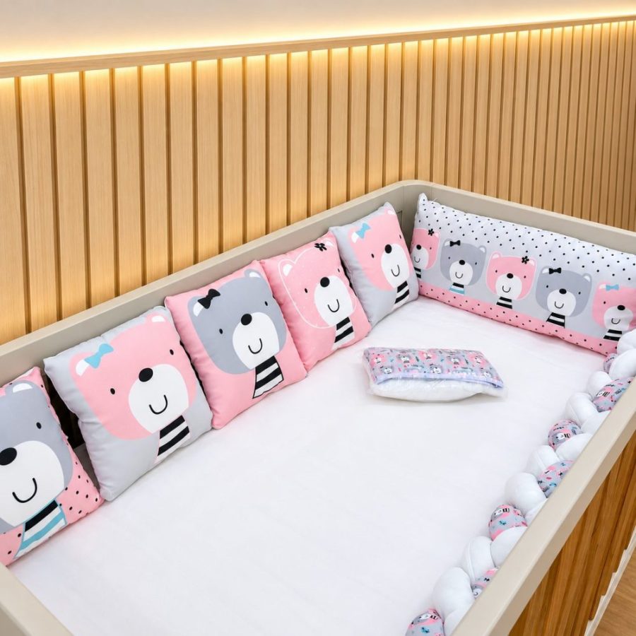 Kit Berço Trança 10 Peças - Urso Rosa e Cinza
