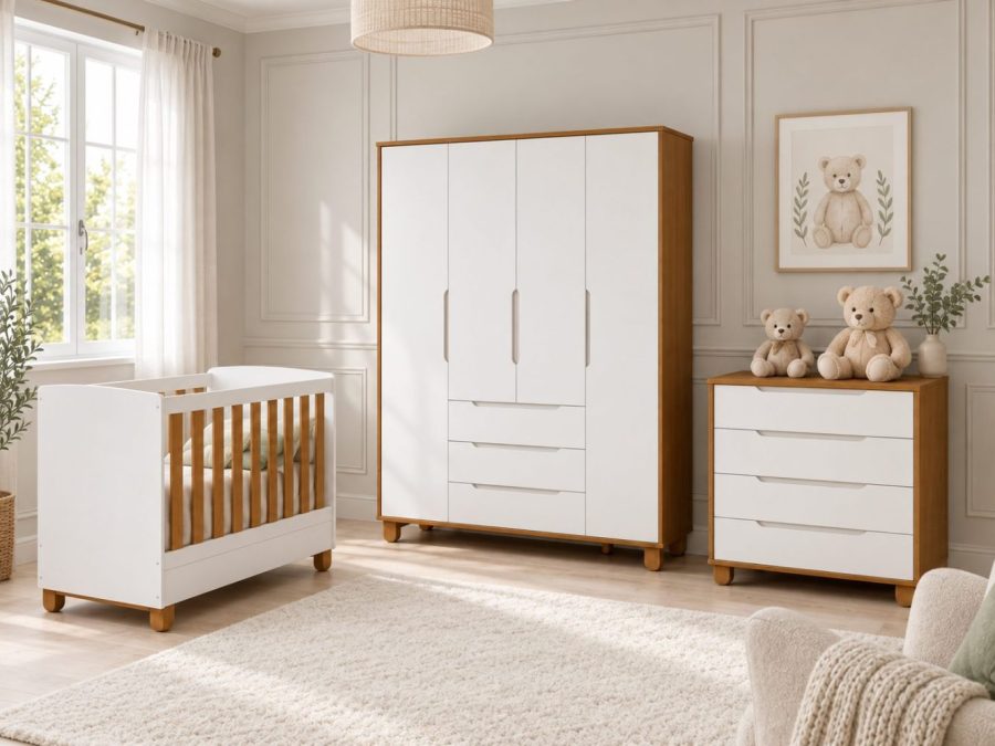 jogo de quarto elfe com berço apollo que se transforma em mini cama reller 100 MDF branco com savana