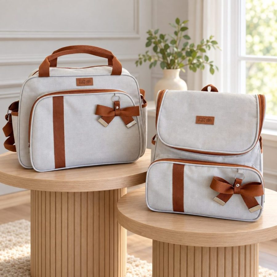 kit bolsa mochila maternidade bebê com linho - caramelo