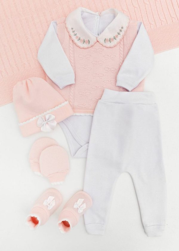 Saída Maternidade Bebê Tricot Rosa - 7 Peças