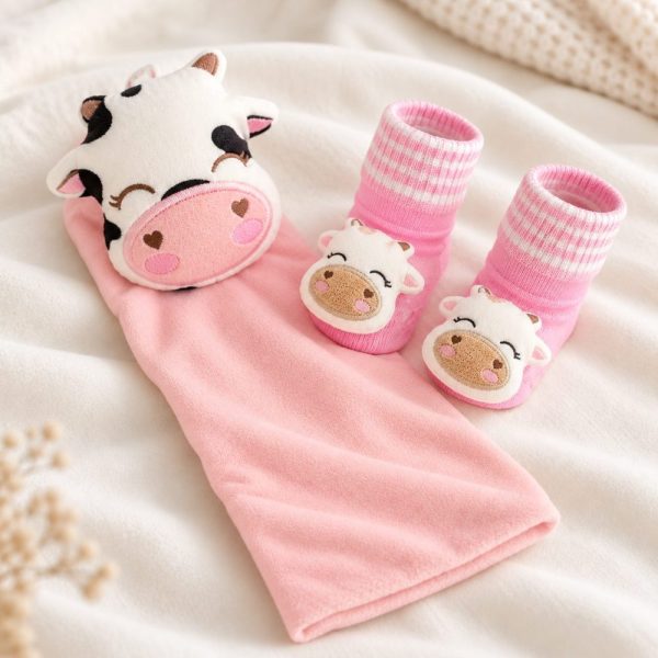Kit Bebê Naninha e Meia RN Everly Vaquinha Rosa