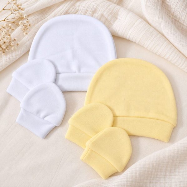 Kit Bebê Recém-Nascido com Touca e Luvas - Branco e Amarelo