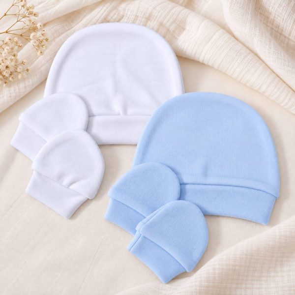 Kit Bebê Recém-Nascido com Touca e Luvas - Branco e Azul