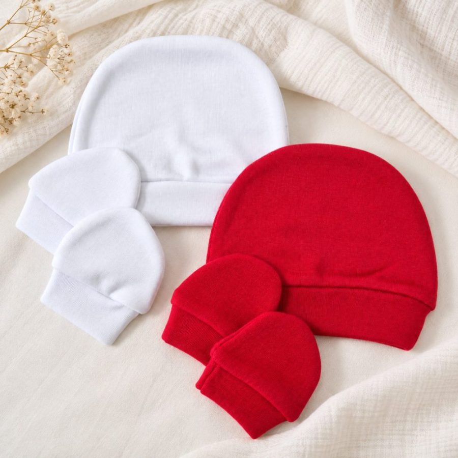Kit Bebê Recém-Nascido com Touca e Luvas - Branco e Vermelho