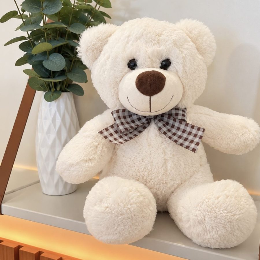 Urso de Pelúcia Creme com Laço Xadrez 32 cm
